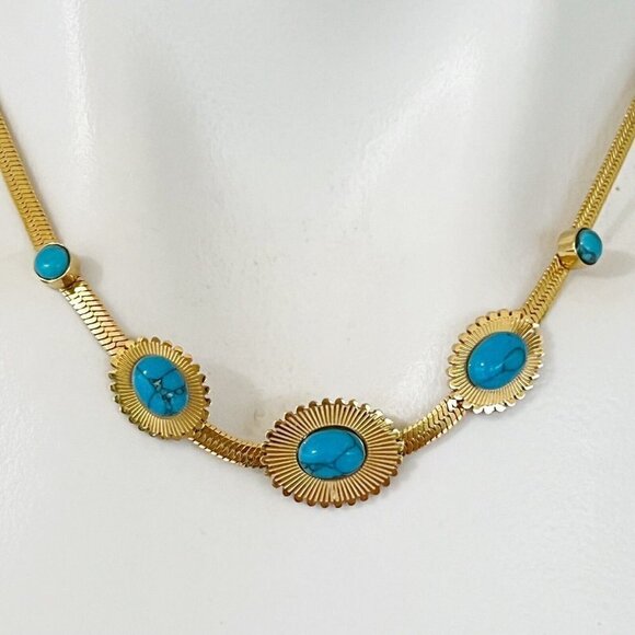 18K Gold plated Turquoise Herringbone necklace Stainless Steel womens jewelry - Picture 2 of 11